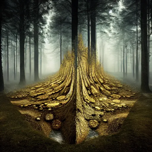 Prompt: heroinchic painting of A Beautiful fine-detailed gold and diamond Forest Illusion by erik johansson micro detailing