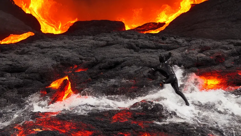 Image similar to person in armor surfing down a river of lava on the side of a volcano on surfboard, action shot, dystopian, thick black smoke and fire, motion blur, sharp focus, cinematic, closeup