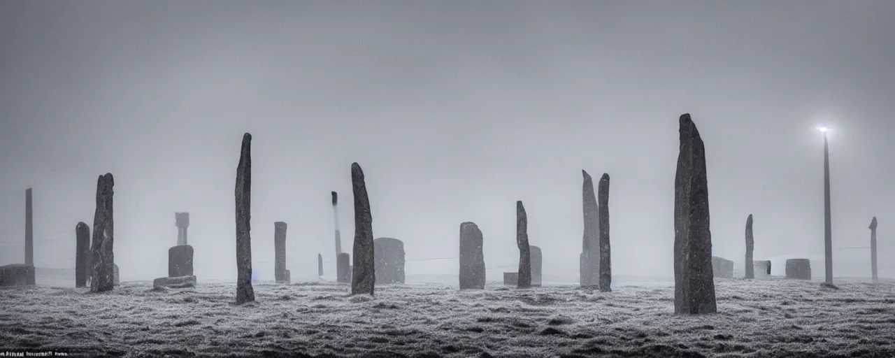 Prompt: 'a giant windfarm stands among neolithic standing stones of stenness, haunting, fog, grainy, snowing, atmospheric clouds'