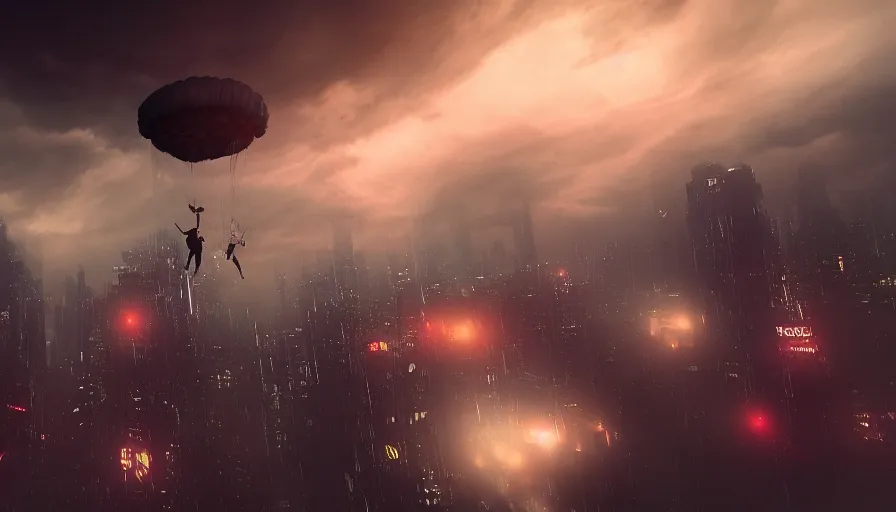 Image similar to man parachuting into a dark cyberpunk city through clouds, volumetric lighting, dystopia, artstation, concept art, painting