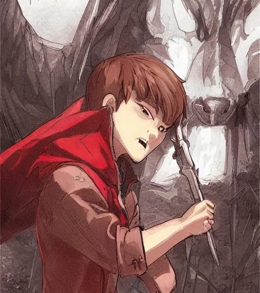 Prompt: attractive little boy character inspired in little red riding hood and evil wolf, digital artwork made by akihiko yoshida and makoto shinkai, anatomically correct, symmetrical