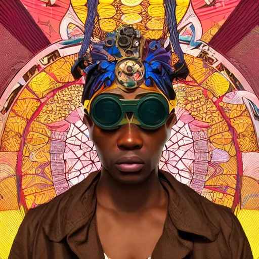 Image similar to colourful vfx upper half - portrait - art of a nigerian boywearing steam punk goggles, art by utagawa kunisada, james jean & alphonse mucha, symmetrical, intricate detail, concept art, volumetric light, ray tracing, caricature, digital illustration, octane 3 d render, unreal engine, sharp, pinterest, behance, art station,