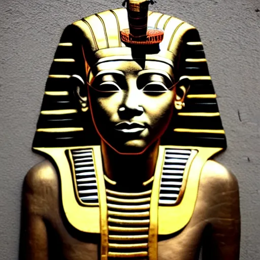 Image similar to a graffiti portrait of king tutankhamen, street art, highly detailed by banksy