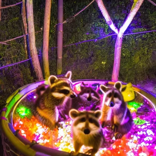 Image similar to raccoons in a ball pit in a forest at night with fairy lights