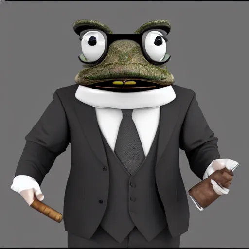 Image similar to a high quality photo of an antropomorphic mafia frog wearing a suit smoking a cigar, 3d scene, render, ultra realistic, artstation, cgsociety