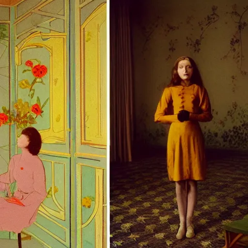 Image similar to a beautiful flowery girl in an soviet golden liminal abandoned room, film still by wes anderson, depicted by balthus, limited color palette, very intricate, art nouveau, highly detailed, lights by hopper, soft pastel colors