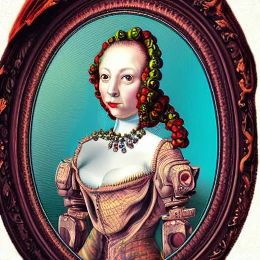 Image similar to deepdream portrait of a female scientist who is also a robot, rococo style