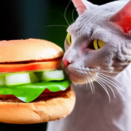 Image similar to hairless cat sniffing a hamburger