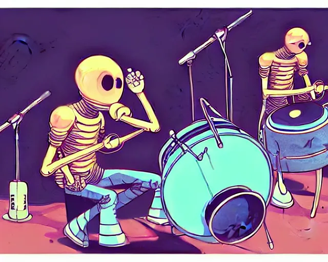 Image similar to a study of cell shaded cartoon of two aliens in a band playing a synthesizer and drums, subtle colors, post grunge, concept art by josan gonzales and wlop, by james jean, Victo ngai, David Rubín, Mike Mignola, Laurie Greasley, highly detailed, sharp focus, Trending on Artstation, HQ, deviantart, art by artgem