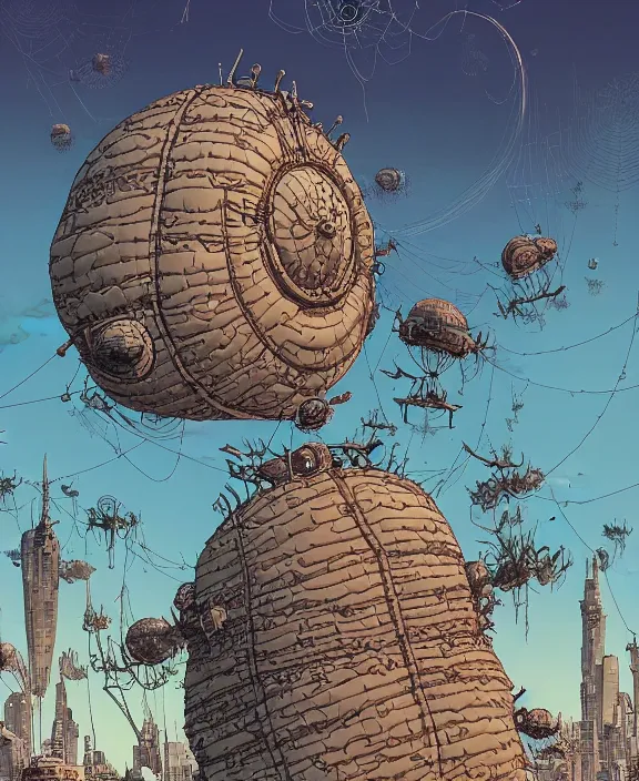 Image similar to rounded tower made from obese spider mollusks, in the style of a puffy spaceship, skeletons, partly cloudy, spooky, dramatic lighting, by geof darrow, bill sienkiewicz, dan mumford, yusuke murata, makoto shinkai, ross tran, cinematic, unreal engine, cel shaded, featured on artstation, pixiv