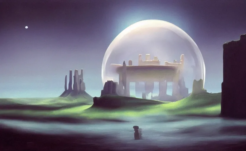 Image similar to hyperrealist painting of a cube inside a giant transparent bubble from howl's moving castle ( 2 0 0 4 ) in a flooded monument valley stonehenge jungle. 1 9 7 0 s science fiction, moody, misty, depth perception, 4 k, artstation, in the style of studio ghibli