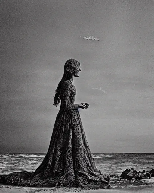 Image similar to a woman standing by the sea, made of intricate decorative lace leaf skeleton, in the style of the dutch masters and gregory crewdson, dark and moody