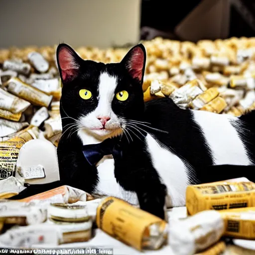 Image similar to A tuxedo cat lying on top of a pile of narcotics seized by the authorities