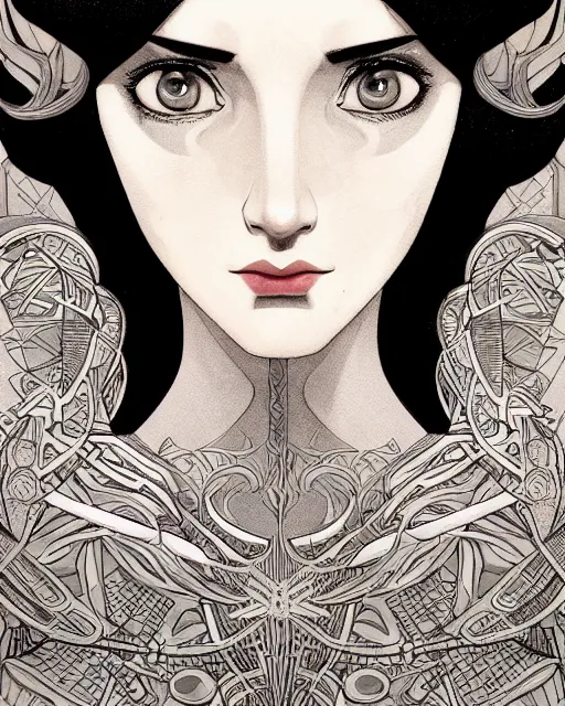 Prompt: portrait of a woman, art deco styl, e beautiful, mesmerizing, concept art, highly detailed, smooth, fantastical, cinematic, intricate linework, detailed and intricate environment, artstation, inspired by monstress, sana takeda