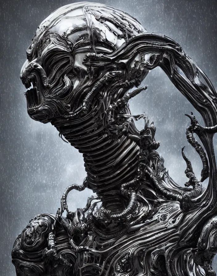 Image similar to engineer prometheus, xenomorph alien, highly detailed, symmetrical long head, smooth marble surfaces, detailed ink illustration, raiden metal gear, cinematic smooth stone, deep aesthetic, concept art, post process, 4k, carved marble texture and silk cloth, latex skin, highly ornate intricate details, prometheus, evil, moody lighting, hr geiger, hayao miyazaki, indsutrial Steampunk