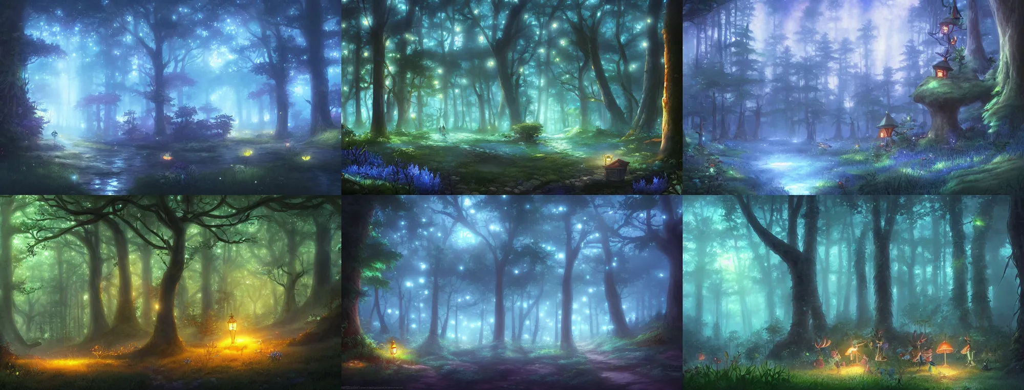 Prompt: magical forest with fireflies, fog, magical, night, dark, blue, by tyler edlin and studio ghibli, artstation