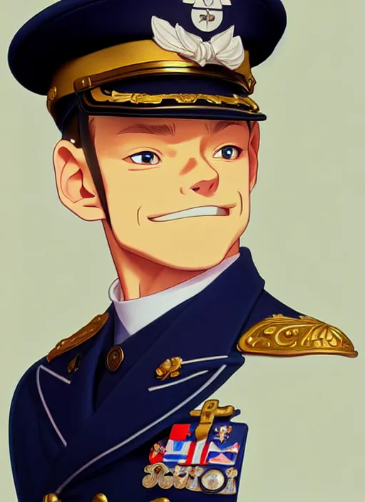 Image similar to cute navy officer martin clunes, natural lighting, path traced, highly detailed, high quality, digital painting, by don bluth and ross tran and studio ghibli and alphonse mucha, artgerm