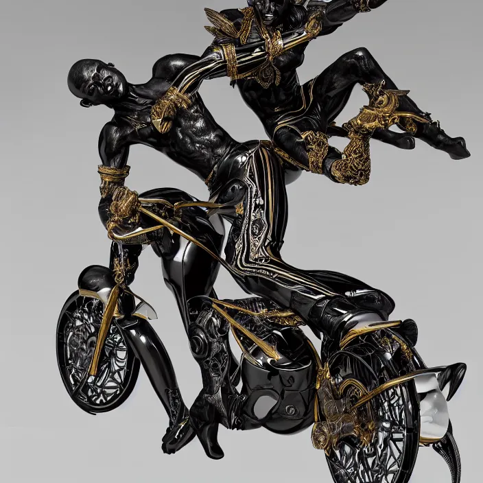 Image similar to fine art statue of black egyptian man on a surrealist motorbike, ebony art deco, carved black marble, inlaid with ebony and gold accents, ebony rococo, wings black lace wear, spider zero, zaha hadid, beautifully lit, hyper detailed, octane render, intricate, elite, ornate, photorealistic, micro details, 3 d sculpture, ray trace