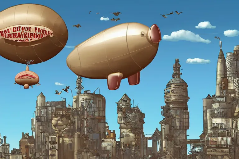 Image similar to a blimp in the shape of a pig, steampunk, digital art, extremely detailed, flying over a city