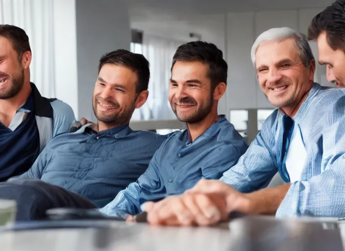 Prompt: several men look forward to the future, happy, high tech interior