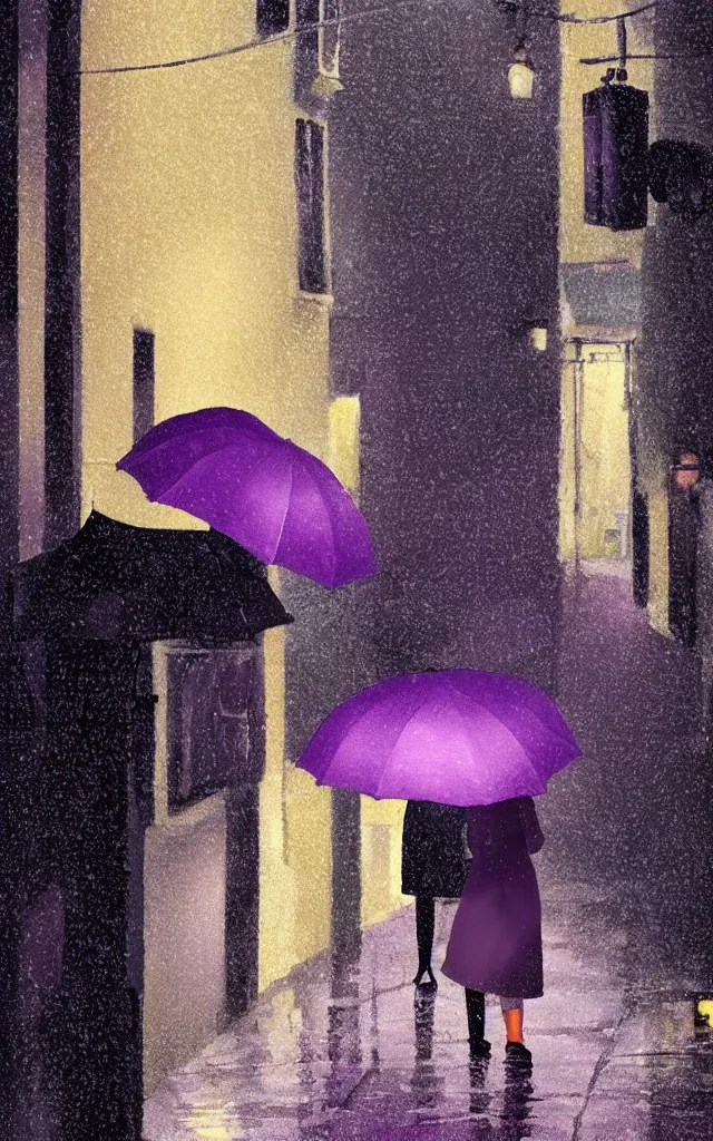 Image similar to a woman holding a purple umbrella walking on the wet street on a rainy night in a hong kong alley way by makoto shinkai and by wes anderson. dramatic lighting. cel shading.