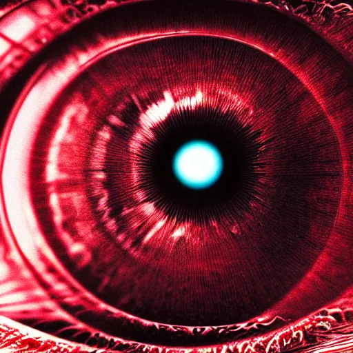 Image similar to a detailed extremely close up of inside the iris, cornea, red image, microscopic, extremely close up drawing by junji ito, cgsociety, generative art, lovecraftian, parallax, cosmic horror, extremely detailed, hyperrealism, unreal engine, octane render, award winning, masterpiece, highly detailed, realistic, 4 k, digital