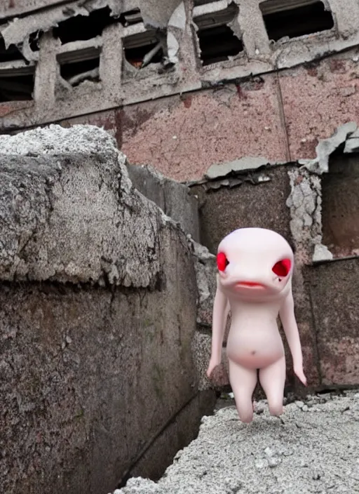 Image similar to humanistic anthropomorphic female axolotl exploring the ruins of chernobyl wasteland