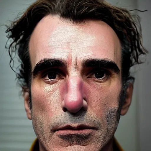 Prompt: film stills, daniel day lewis in the dramatic live - action biopic film of spongebob. not a cartoon. mr. day lewis went through 9 hours of makeup to look like a human yellow sponge