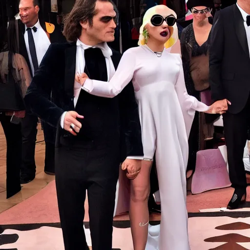 Image similar to mimmo rottela as joaquin phoenix skinny joker holding hand lady gaga harley queen