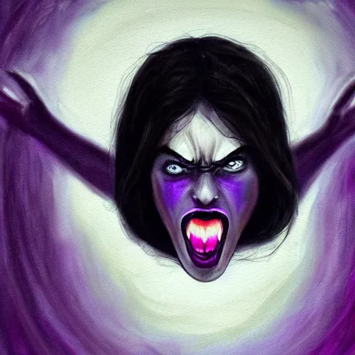 Image similar to extrem mad girl with extrem anger screams into the void to release her anger, high detail painting in dark purple colors by grandfailure