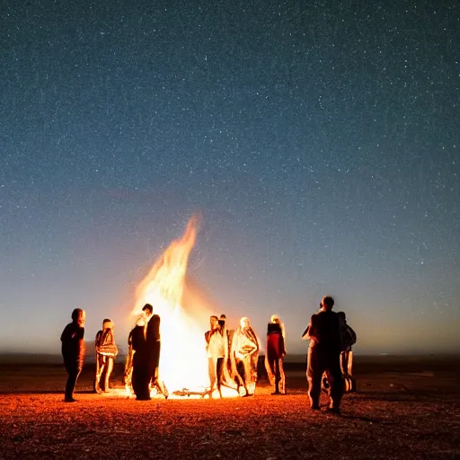 Image similar to photograph of three ravers, two men, one woman, woman is in a trenchcoat, blessing the soil at night, seen from behind, talking around a fire, two aboriginal elders, dancefloor kismet, diverse costumes, clean composition, desert transition area, bonfire, starry night, australian desert, xf iq 4, symmetry, sony a 7 r