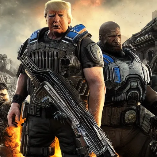 Prompt: Photo portrait of Donald Trump as ((the punisher)) in Gears of War, splash art, movie still, detailed face, photorealistic facial features, cinematic lighting, dramatic, octane render, long lens, shallow depth of field, bokeh, anamorphic lens flare, 8k, hyper detailed, 35mm film grain