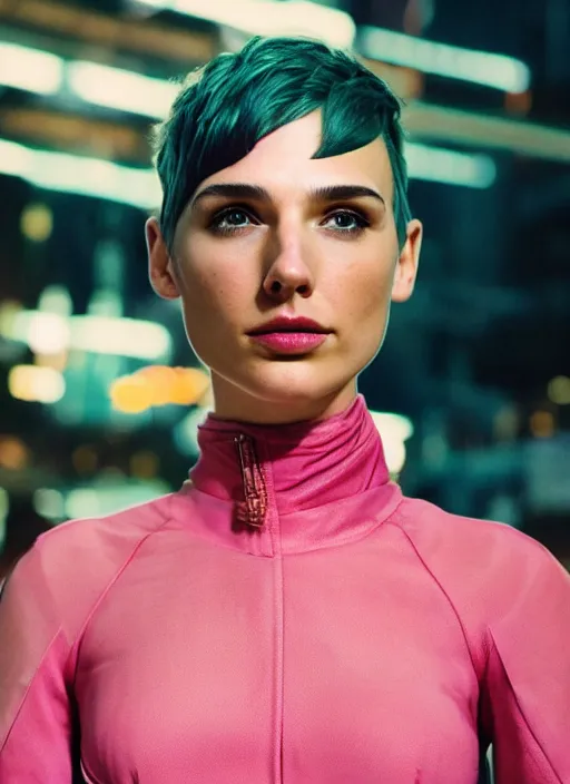 Prompt: kodak portra 4 0 0, 8 k, highly detailed, britt marling style 3 / 4 photographic close - up face of a beautiful gal gadot with pink pixie cut hairstyle, cyberpunk, futuristic, cyberpunk style, symmetrical, hasselblad x 1 d - 5 0 c, medium format, soft light