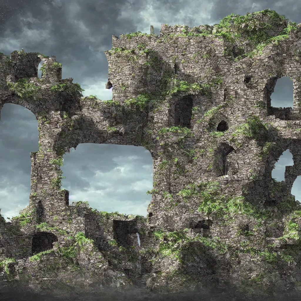 Image similar to looking up at a ruined castle on a small island only reachable by a small land bridge, 8 k, ultra realistic cinematic, intricate, cinematic light, concept art, illustration, art station