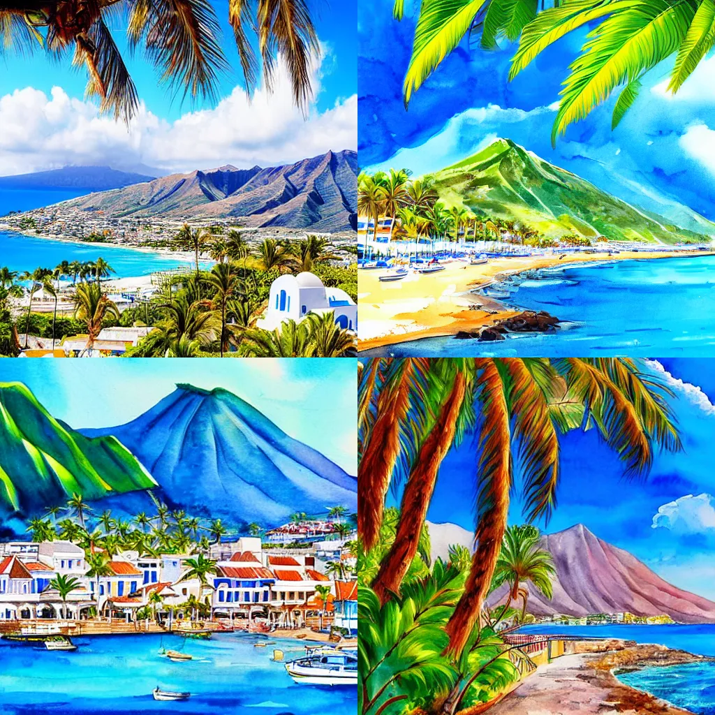 Prompt: tropical paradise, hawaiian greek island, city on the coast, port town, mountains, watercolors, blue and white