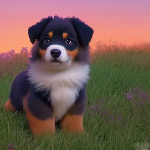 Image similar to a wholesome animation key shot of an australian shepherd puppy, studio ghibli, pixar and disney animation, sharp, rendered in unreal engine 5, anime key art by greg rutkowski, bloom, dramatic lighting