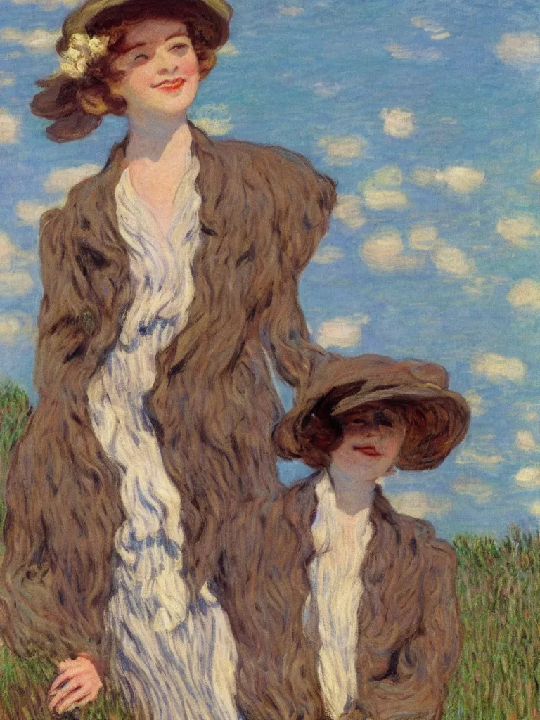 Image similar to a beautiful young frog, wearing 1 9 2 0 s fashion, brown hair, slim, fair, turning her head and smiling, severe out of focus, depth of field, azure sky, fluffy white clouds, pleinairism, in the sun, backlit, oil on canvas, by monet, in the style of le promenade, impressionnisme