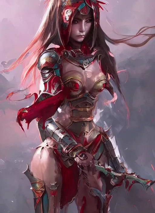 Prompt: bikini armor female knight, bloody, vibrant, fantasy, intricate, smooth, painted by guweiz