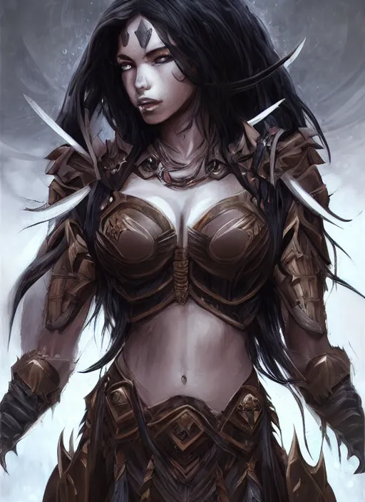 Image similar to beautiful warrior lady, black long hair, practical armor, brown skin, demonic eyes, low fantasy, extremely detailed, sharp focus, smooth, digital illustration, by rossdraws, frank franzzeta, sakimichan