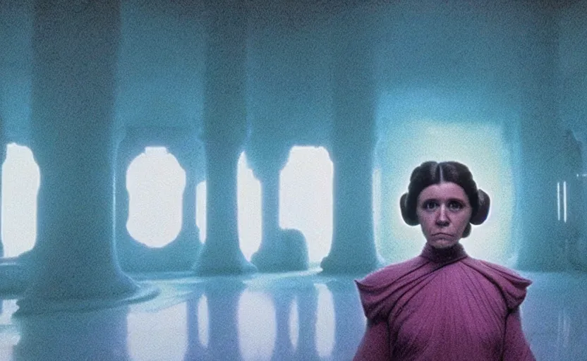 Prompt: screenshot portrait of Princess Leia alone in a teal Temple scene from the last jedi, 1980s film by Stanley Kubrick, 4k serene, iconic , photoreal portrait Carrie fischer, detailed face, moody lighting stunning cinematography, hyper detailed, sharp, anamorphic lenses, kodak color film