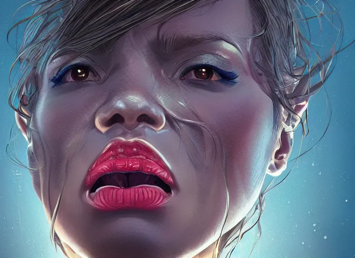 Image similar to wide open queen mouth, close - up, cry, defiant, full lips, anatomy color, light effect, hyper detailed, intricate, elegant, highly detailed, digital painting, artstation, concept art, matte, sharp focus, illustration, by dan mumford, yusuke murata, makoto shinkai, ross tran