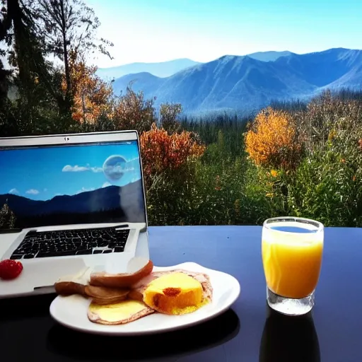 Image similar to beautiful breakfast with mountain view and laptop