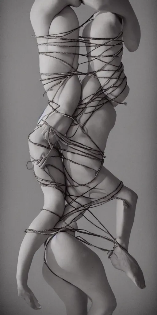 Image similar to beautiful female bodies intertwined, steel shibari ropes wrapped around bodies, surrealism, abstract, no face, color gradients,