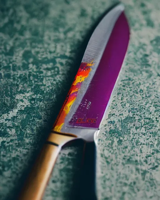 Prompt: An extremely detailed colorful studio photo of a kitchen knife with a black handle; bokeh, 90mm, f/1.4