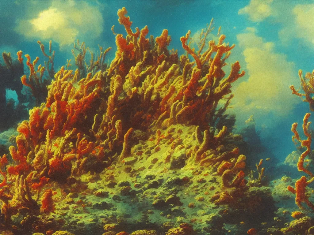 Prompt: Beautiful 1976 psychedelic textbook illustration of underwater coral reef seascape by Ivan Aivazovsky and Jan Davidsz de Heem , highly detailed, 8k