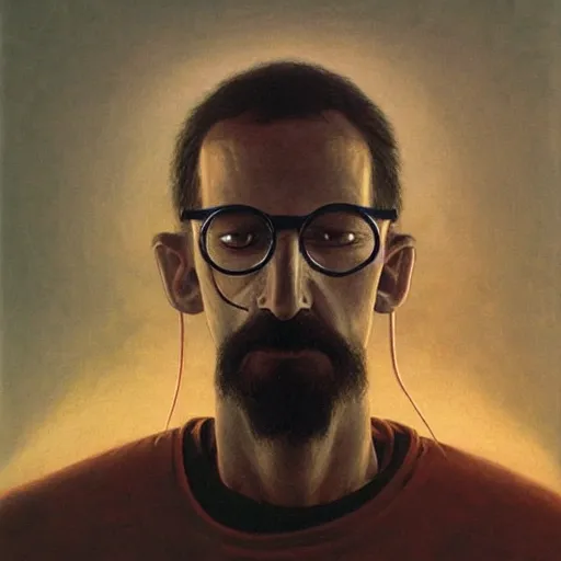 Prompt: a painting of Gordon freeman, from half-life 2, painted by Zdzisław Beksiński