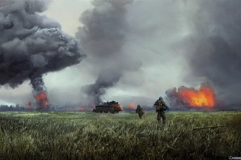 Prompt: chaotic battlefield, multiple soldiers!, thick dark smoke!, vehicles on fire, heavy rain from thick clouds, storm, overgrowth, forest, (mushroom cloud) in the background, bleak, melancholy atmosphere, band of brothers, bf1942, 4k impressionism painting by Gregory Crewdson and Grzegorz Domaradzki and Ivan Shishkin and Jakub Rozalski