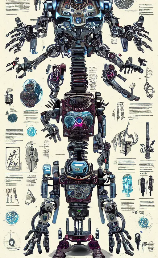 Image similar to anatomy of the terminator, robot, cyborg, t100, bloodborne diagrams, mystical, intricate ornamental tower floral flourishes, technology meets fantasy, map, infographic, concept art, art station, style of wes anderson