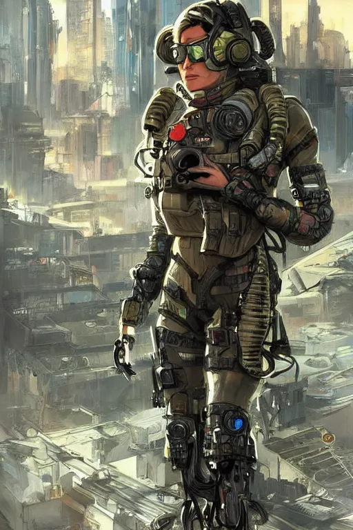 Image similar to Dinah. USN special forces futuristic recon operator, cyberpunk military hazmat exo-suit, on patrol in the Australian autonomous zone, deserted city skyline. 2087. Concept art by James Gurney and Alphonso Mucha