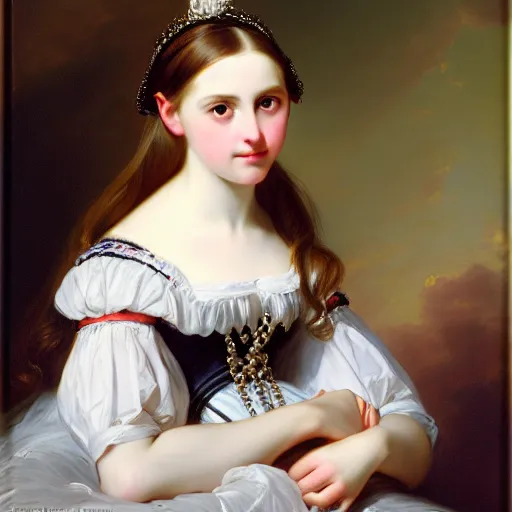 Image similar to portrait of a german teenage princess, circa 1 8 5 0 by franz xaver winterhalter, highly detailed, beautiful, oil on canvas, 1 8 5 0 s, romanticism